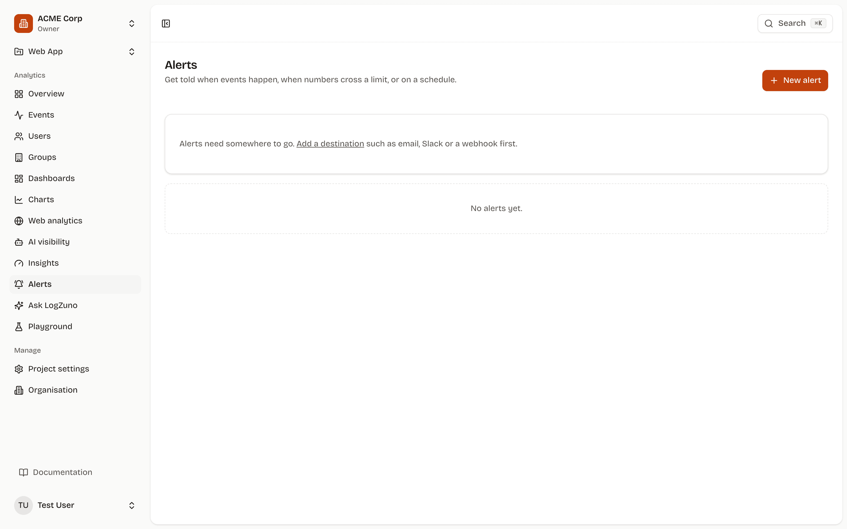 The LogZuno alerts page: event, threshold and report alerts with their destinations