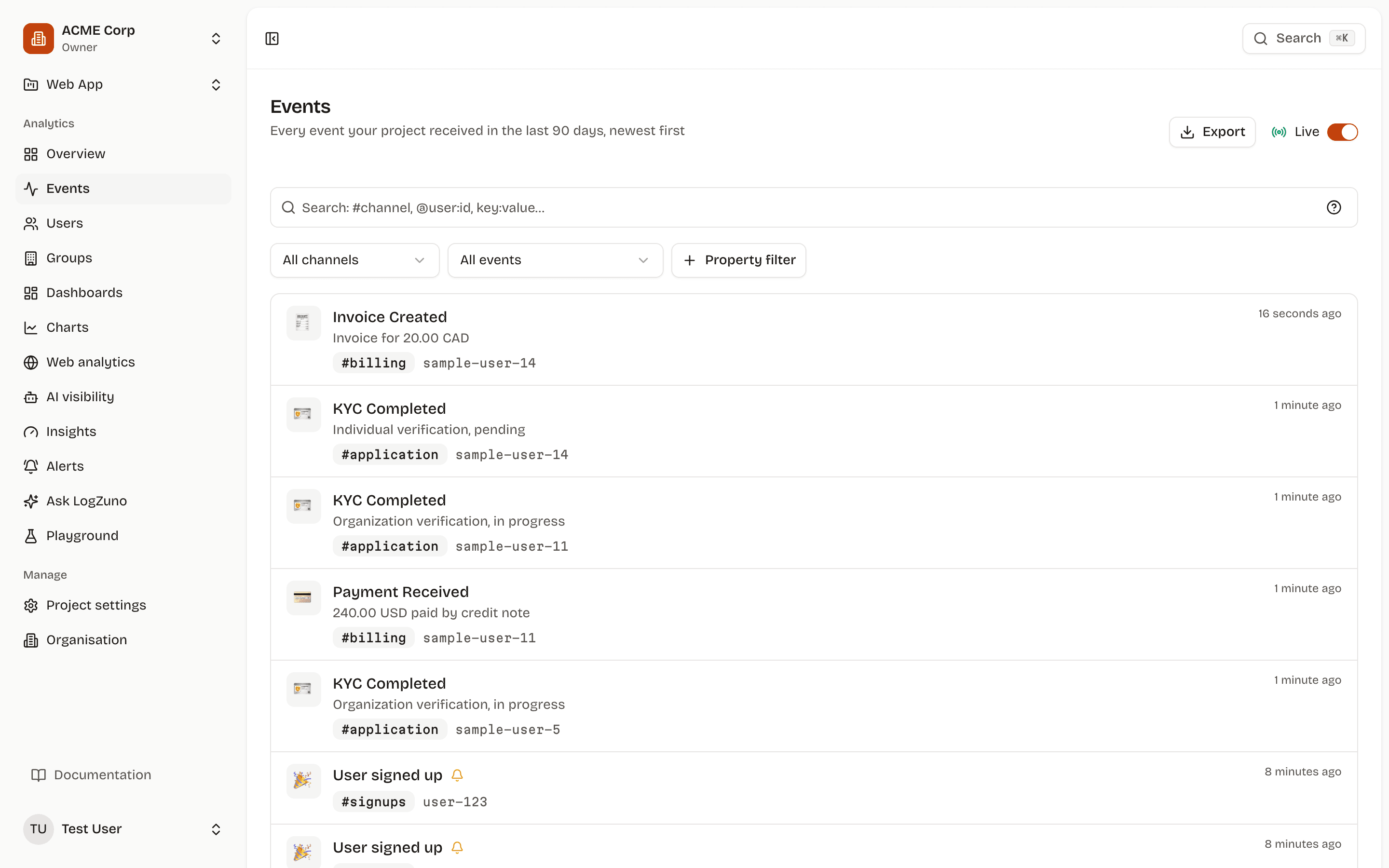 The LogZuno events page: a live feed of events with channels, users and properties
